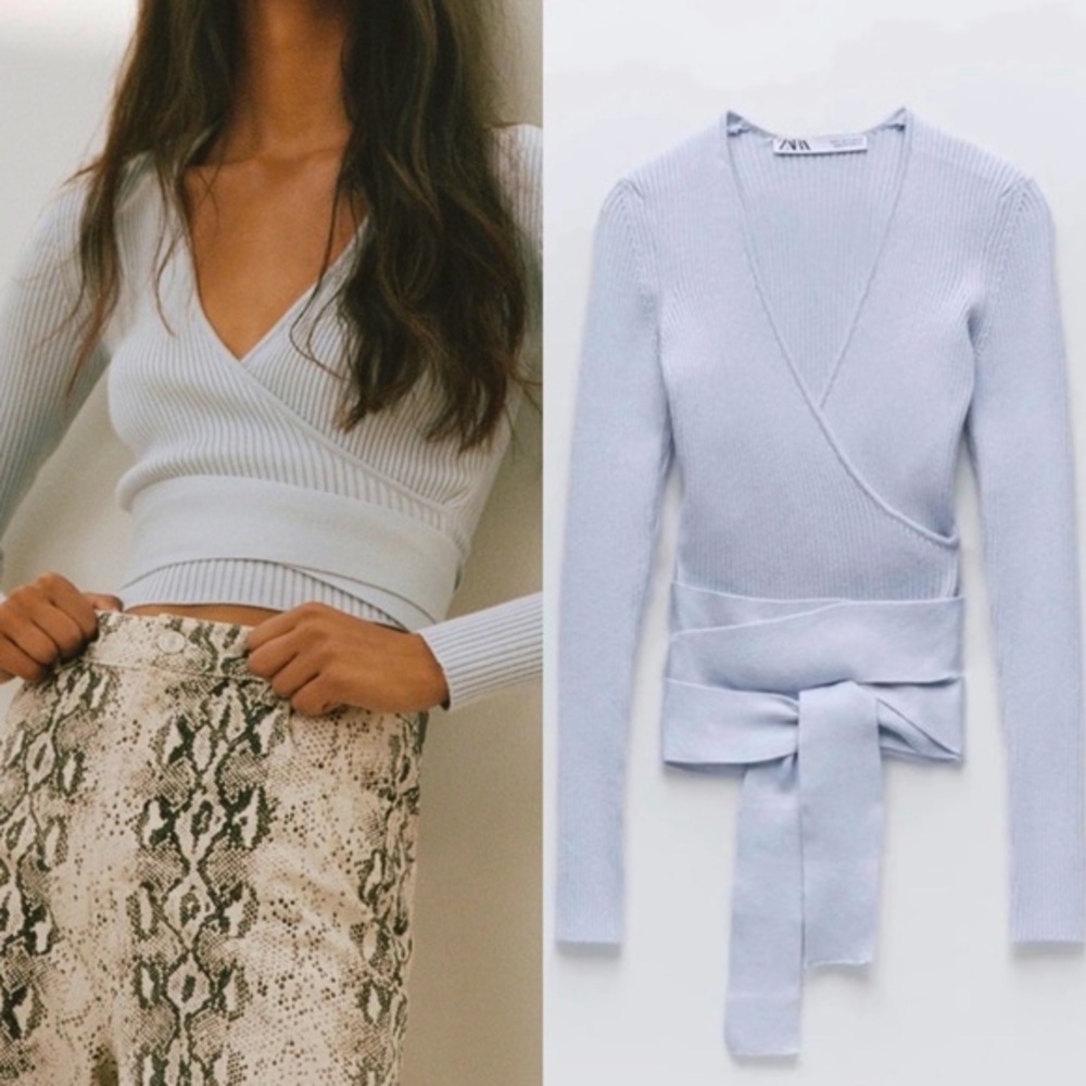Zara Baby Blue Long Sleeve Knit Wrap Top Size Small